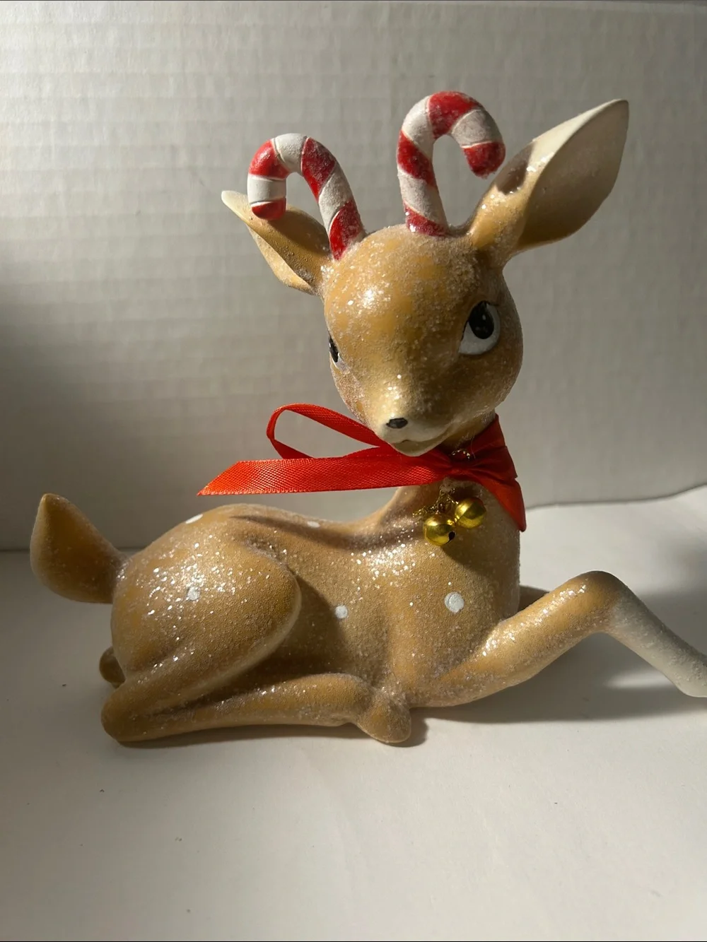 Holiday Reindeer Figurine with Red Ribbon and Candy Antlers Vintage style